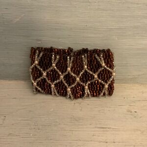 Handmade Copper Toned‎ Beaded Cuff Bracelet w/ Lattice Weave Pattern 7" GC